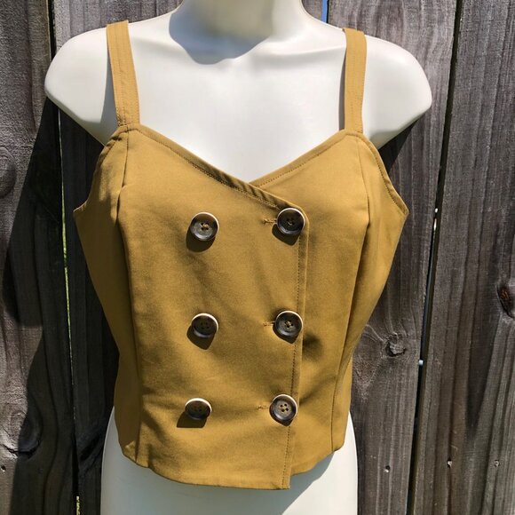 Buru XS Double Breasted Vest Top Button Down Up Mustard Sleeveless Yellow Tank - Picture 1 of 7